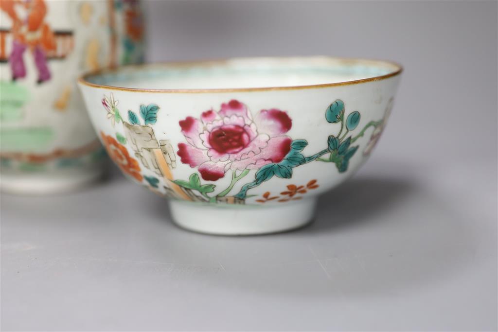 An 18th century Chinese famille rose bowl, a Japanese porcelain vase and and invalid cup, tallest 27.5cm